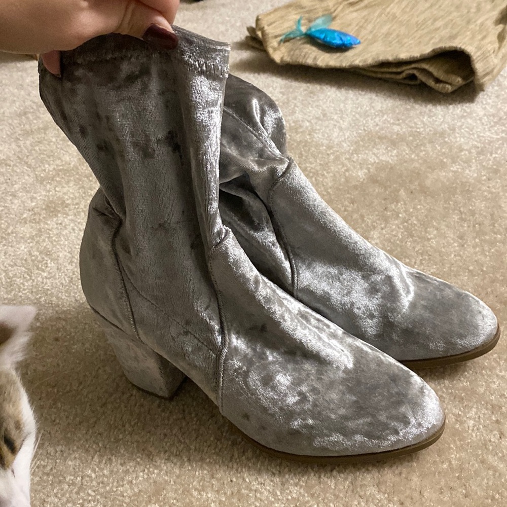 Silver velvet booties